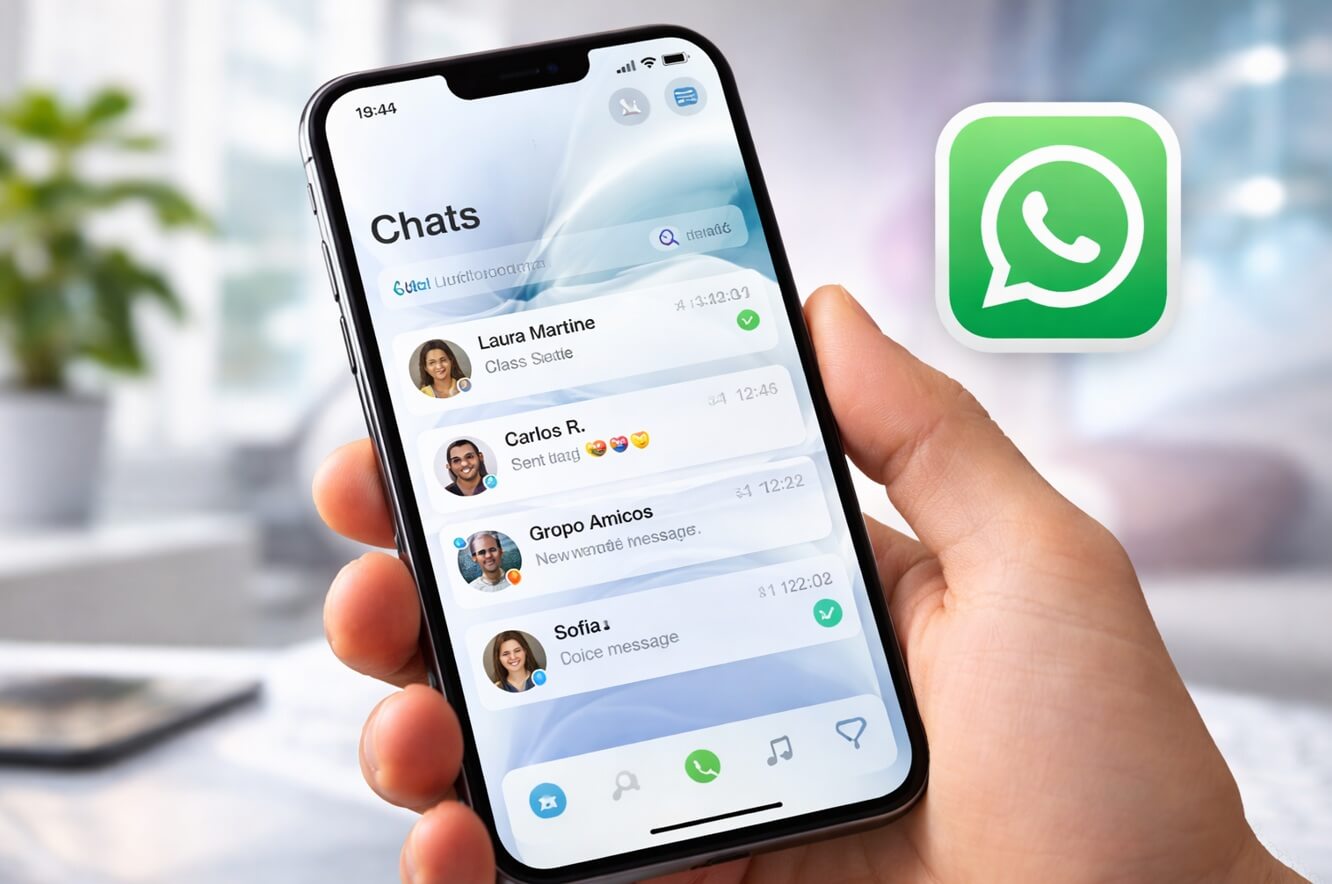 WhatsApp liquid glass diseño transparente